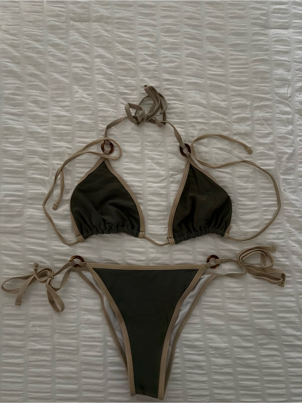 Olive Green Contrast-Trim Tie-Side Bikini